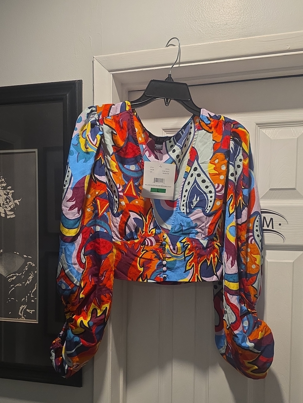 Vibrant Multi-Color Printed Puff Sleeve Crop Top